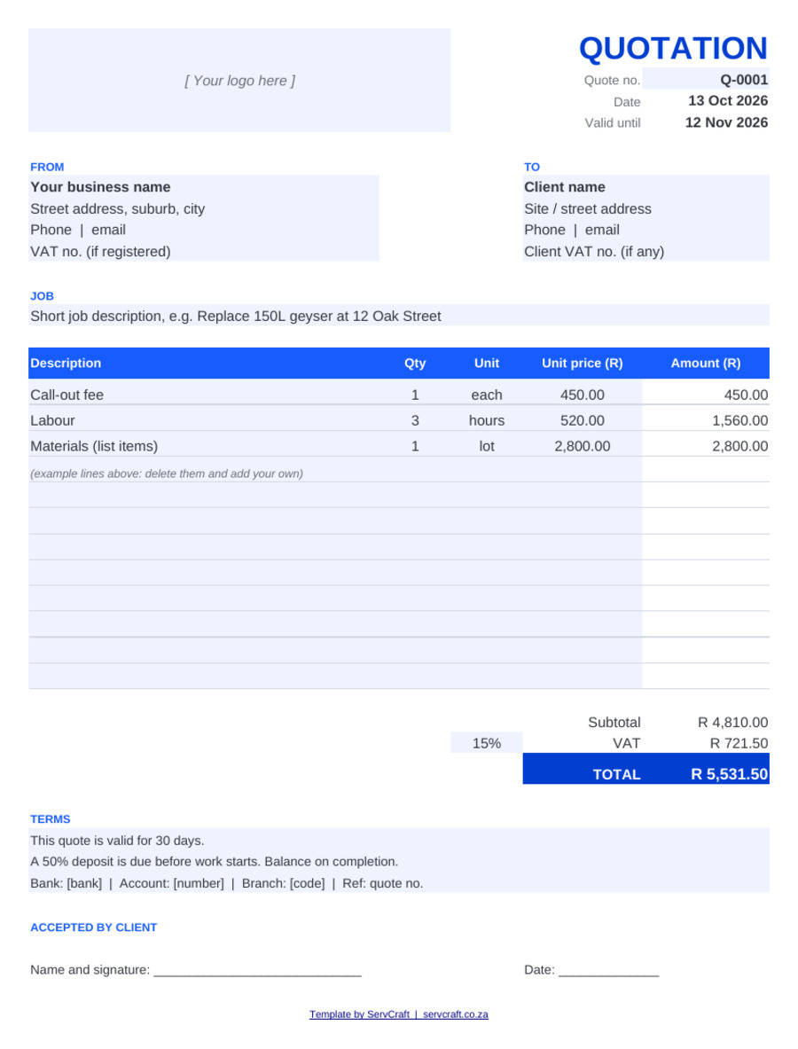 Preview of the quotation template